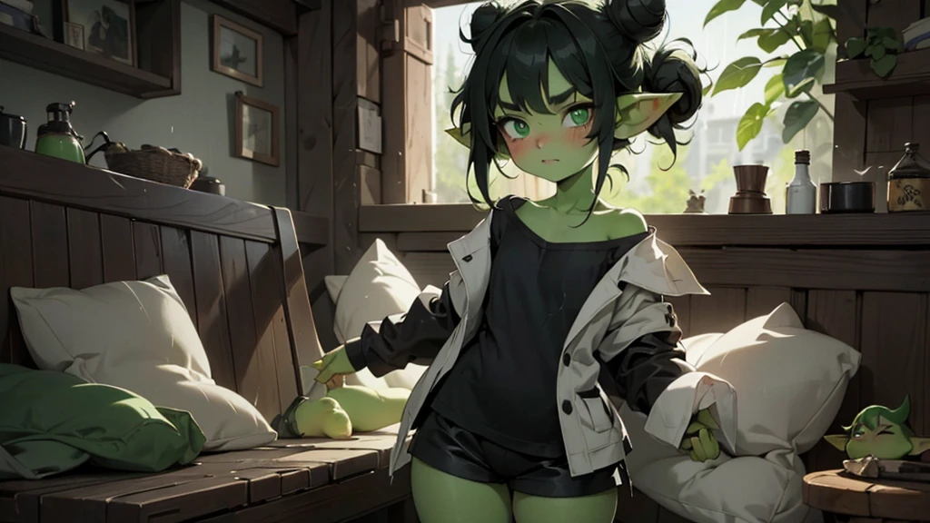 Best god quality, detailed, perfect ???????, little goblin girl, goblin in just a big shirt, no shorts, no socks, exposed thighs, ????? thighs, raining, it's raining hard, night, house, pointy ears, long ears, green skin, she has black hair, cute, big green eyes, looking at camera, black hair buns, black hair, looking at viewer, cute, adorable, solo, emerald eyes, only wearing shirt, single large shirt, socks, black hair, cute goblin, goblin girl, female goblin, mischievous look, excited expression, smug, (((SOLO))), (girl in middle standing)