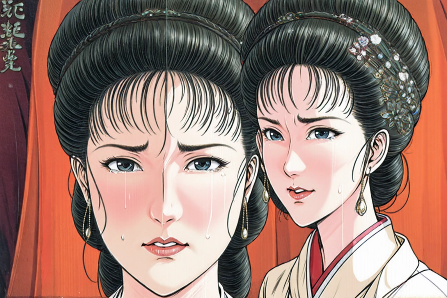 (best quality), (very aesthetic), (ultra-detailed), (best illustration),(a mature female),(perfect face),Suikoden,Mrs. Lin,(((NSFW))),((full_body)),((full_Nude)),(crying),red cheek,sweating,skinny,flushed skin,(Woman with pubic hair),(sitting),(ahegao),traditional Chinese bedroom,front view