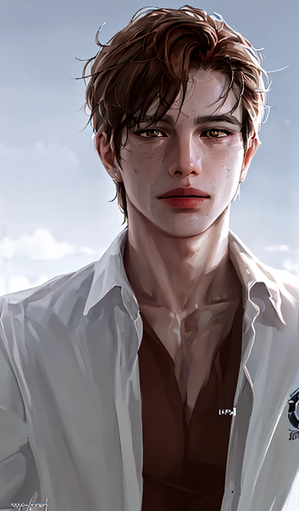 A male soccer player wearing a Manchester United jersey, short messy brown hair, tan skin, close up face, detailed facial features, hyperrealistic, photorealistic, 4k, best quality, professional digital art, dynamic lighting, cinematic composition, intricate details, vibrant colors, dramatic atmosphere