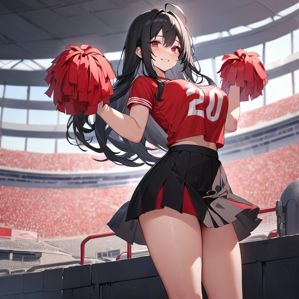 A woman wearing a red sports shirt, with a white number 20 on the shirt, black skirt, cheerleader style, long black socks, sports sneakers, with a pair of red materialized pompoms in her hands, big breasts, black hair, long hair, ahoge, Red eyes, smiling, in the stands of an American football stadium, standing,,UHD , prime work , accurate , anatomically correct , textured skin , super details , high quality , best quality, 8k, high resolution, bokeh effect. (woman alone)
