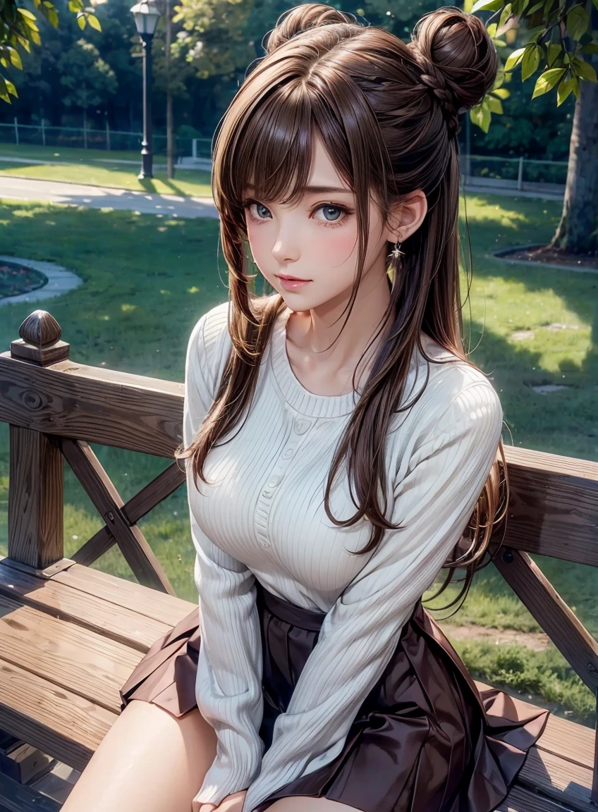 (1 Girl:1.3), Sexy pose, slim, (Reality:1.4), (masterpiece, Top quality, best quality, Official Art), Extremely detailed, The most detailed, (Extremely detailed), ((Extremely delicate and beautiful)), light, (Realistically:1.3), (High Detail Skin:1.2), high resolution, 8K UHD, 4K, 8K, Bokeh, Digital SLR Camera, , The best ratio of four fingers and one thumb, In a park with trees,Sitting on a bench、Spread your legs:1.3, ((Silky long hair)), (Brown hair), (Bun hairstyle), Tears, Pretty Face, Perfect face, highly detailed Pretty Face, Lovely, Shy,blush, Dynamic Angle, from above,Looking at the audience, Wearing brown sweater,Short skirt,See panties