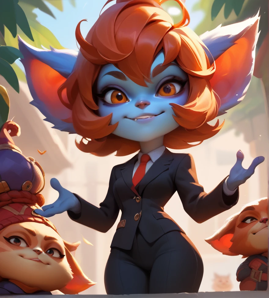 score_9, score_8_up, score_7_up, score_6_up, score_5_up, score_4_up, orange red yordle female, a dubious little creature getting up to mischief,cute,pretty,attrative,seminua,4yordles,slender,thin,black suit