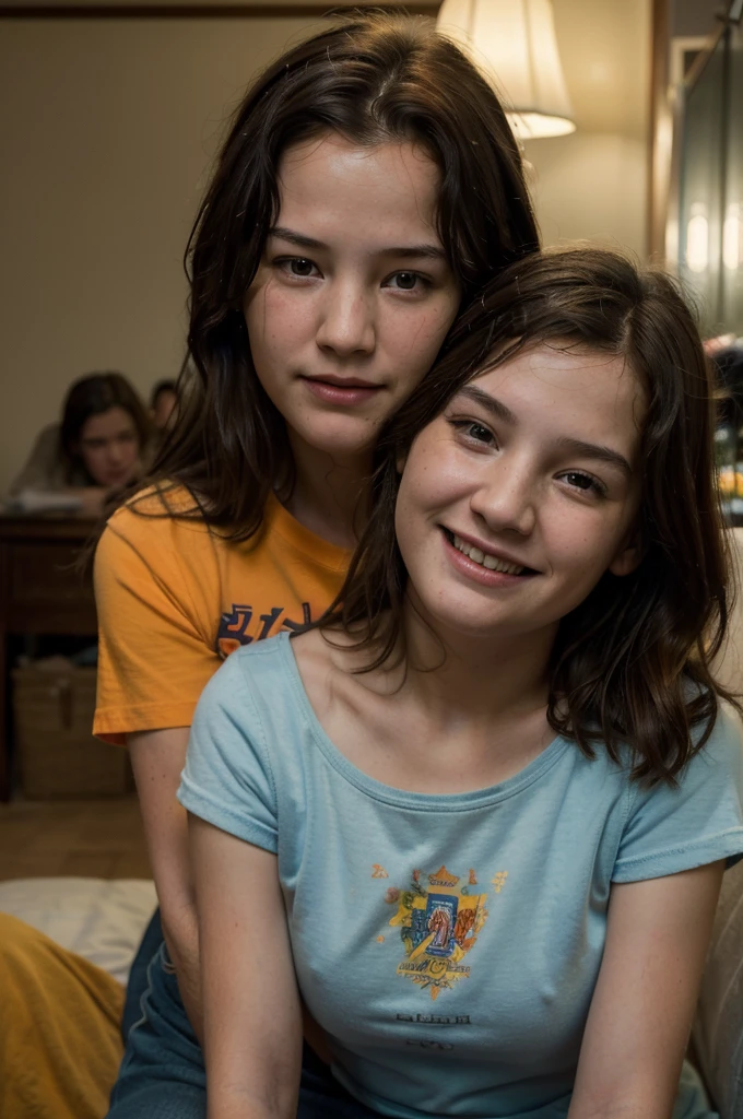 ((best quality)), ((masterpiece)), (detailed), perfect face, 3 people, 8 year old girl, similar a matilda lawler, similar man Keanu Reeves, mujer similar a ellie de the Last of us 2, hugged, laughing, intense lighting, high level of detail, yellow and red wool t-shirt, with orange and blue print