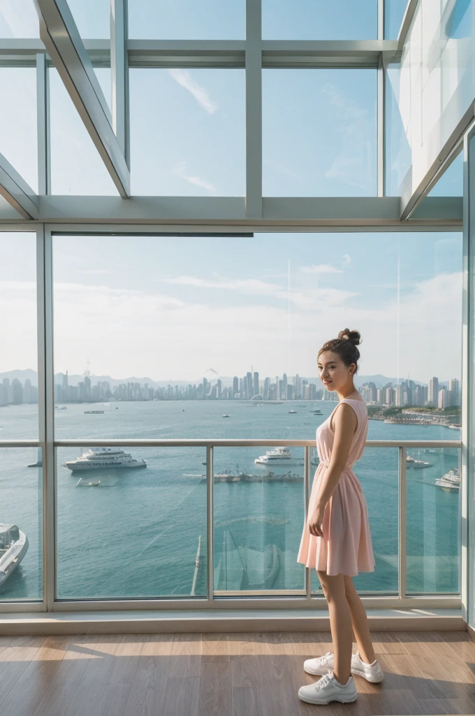 her name is An, high quality, 1girl, ((20-year-old fit Caucasian woman)), ((20 years old)), ((fit)), ((hair in a bun)), pose: standing, wearing pastel colored unique gen Z modern wear, BACKGROUND:Your apartment is in a modern skyscraper, with glass facades that provide panoramic views of Victoria Harbor and the bustling city below