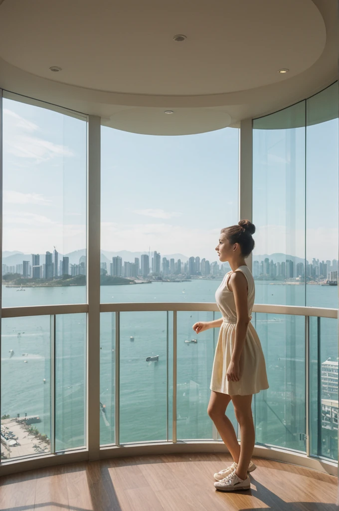 her name is An, high quality, 1girl, ((20-year-old fit Caucasian woman)), ((20 years old)), ((fit)), ((hair in a bun)), pose: standing, wearing pastel colored unique gen Z modern wear, BACKGROUND:Your apartment is in a modern skyscraper, with glass facades that provide panoramic views of Victoria Harbor and the bustling city below