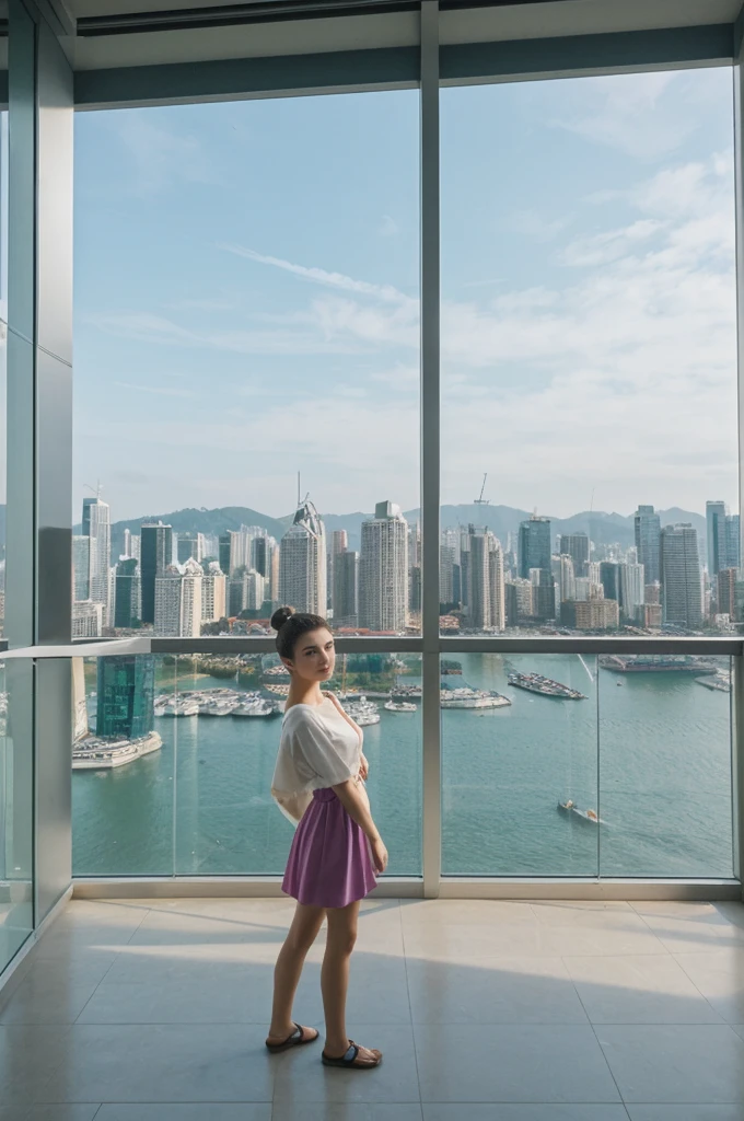 her name is An, high quality, 1girl, ((20-year-old fit Caucasian woman)), ((20 years old)), ((fit)), ((hair in a bun)), pose: standing, wearing pastel colored unique gen Z modern wear, BACKGROUND:Your apartment is in a modern skyscraper, with glass facades that provide panoramic views of Victoria Harbor and the bustling city below