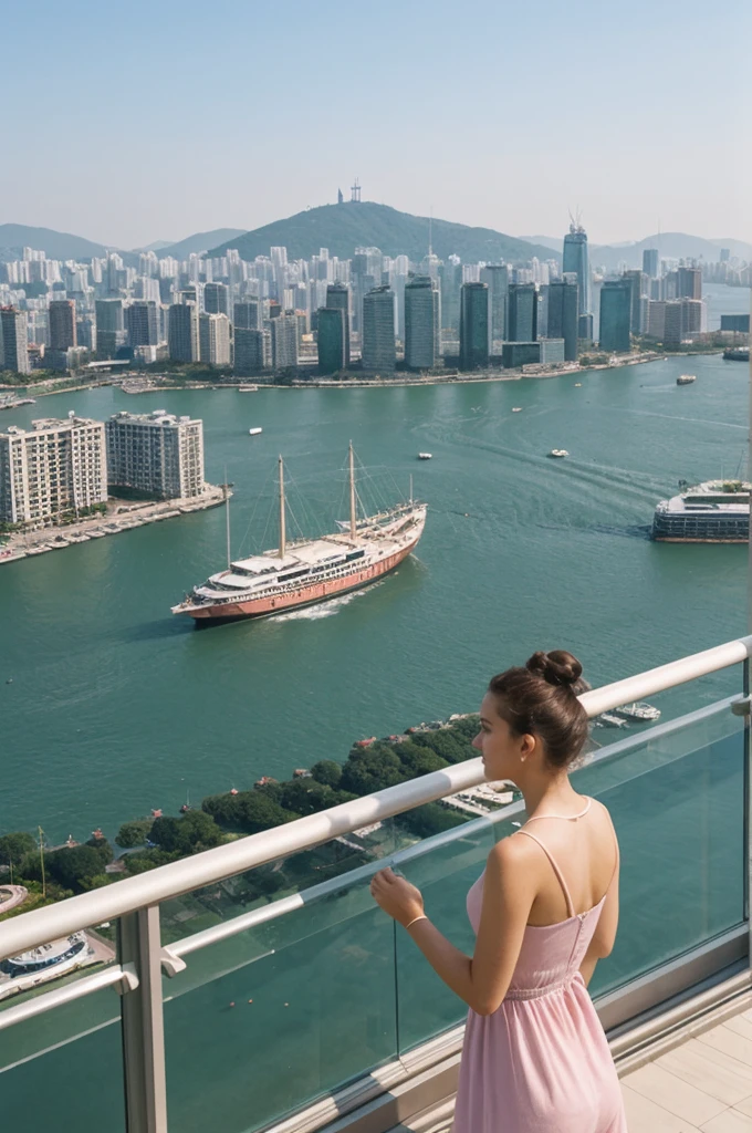 her name is An, high quality, 1girl, ((20-year-old fit Caucasian woman)), ((20 years old)), ((fit)), ((hair in a bun)), pose: standing, wearing pastel colored unique gen Z modern wear, BACKGROUND:Your apartment is in a modern skyscraper, with glass facades that provide panoramic views of Victoria Harbor and the bustling city below