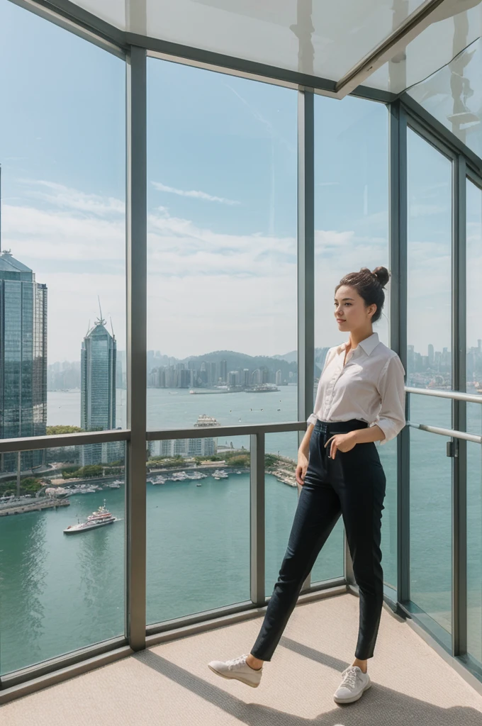 her name is An, high quality, 1girl, ((20-year-old fit Caucasian woman)), ((20 years old)), ((fit)), ((hair in a bun)), pose: standing, wearing pastel colored unique gen Z modern wear, BACKGROUND:Your apartment is in a modern skyscraper, with glass facades that provide panoramic views of Victoria Harbor and the bustling city below