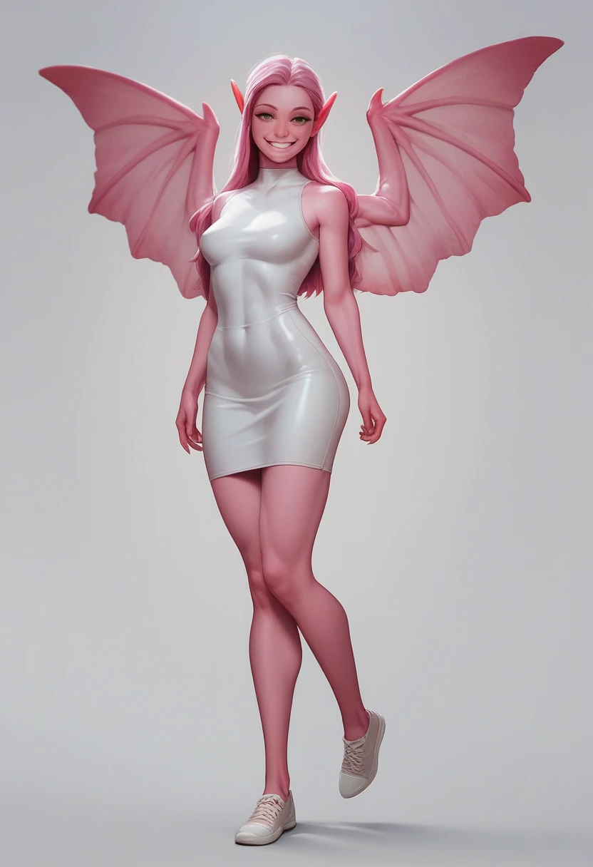 girl in a tight dress, pink skin, smile, 3d, wings purple