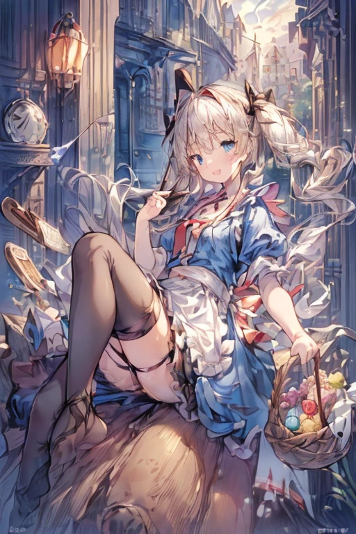 (perky chest:1.2), (pointed chest:1.2),(((Black Tunic:1.3))),(((cakes and bread in the basket),Cute and beautiful girl,Cute round face,Cute smile,with blush cheeks,Red Lip,a girl , nsfw:1.2, beautiful body:1.3), shinny skin, BREAK, ((alice in the wonderland:1.3, cute, kawaii, lovely, funny, a girl falling down from sky:1.3, girl flying in sky:1.4, girl floating in air:1.5, rolling upskirt by wind:1.6, (with sparkling eyes and a contagious smile),open mouth, Looking at Viewer, surprised, putting hands on crotch over the skirts:1.6)), BREAK, ((floating things as follows:1.3, PlayingCards, Trump, tea cup, tea pot, tea spoons, pocket watch:1.3, lip sticks, candies:1.2, cookies, jam bottles, classical door_keys)), ((long purply_Blue dress :1.5, wearing long flaired skirt:1.3, the skirt is blowing:1.3, cute pink Apron, black stocking:1.2,garter stocking, cleavage:1.2, midriff, black shorts, black thighhighs, thigh strap, medium long platinum-blonde hair:1.2, twin tail hair:1.6, tied hair with a large ribbon), (Blue eyes, bright pupils with highlights, detailed eyes), (lying down on your back:0.7, spreading legs with rising up straight:0.7), sexy posture, fantastic colorful art, (fantasy art:1.2, wondered images:1.2), ((correct anatomy:1.5, perfect anatomy:1.3, correct hand, small foot:1.2)),