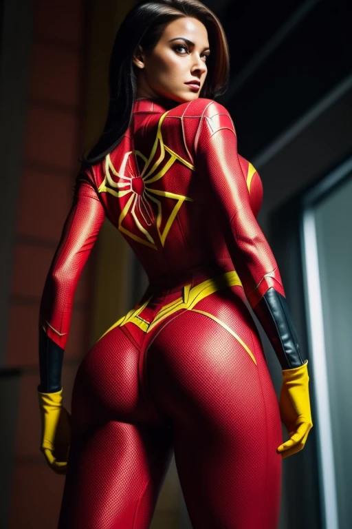 A closeup of a woman in a red and yellow suit, showing the buttocks ,Spider woman!!!!!, Spider woman, Spider woman!!, ( (Spider woman) ), lara croft as Spider woman, red spider webs, wearing red and yellow hero costume, comic character, 90s comic character design, no text, the debt, female superhero proportions, Spider Zero, marvelous