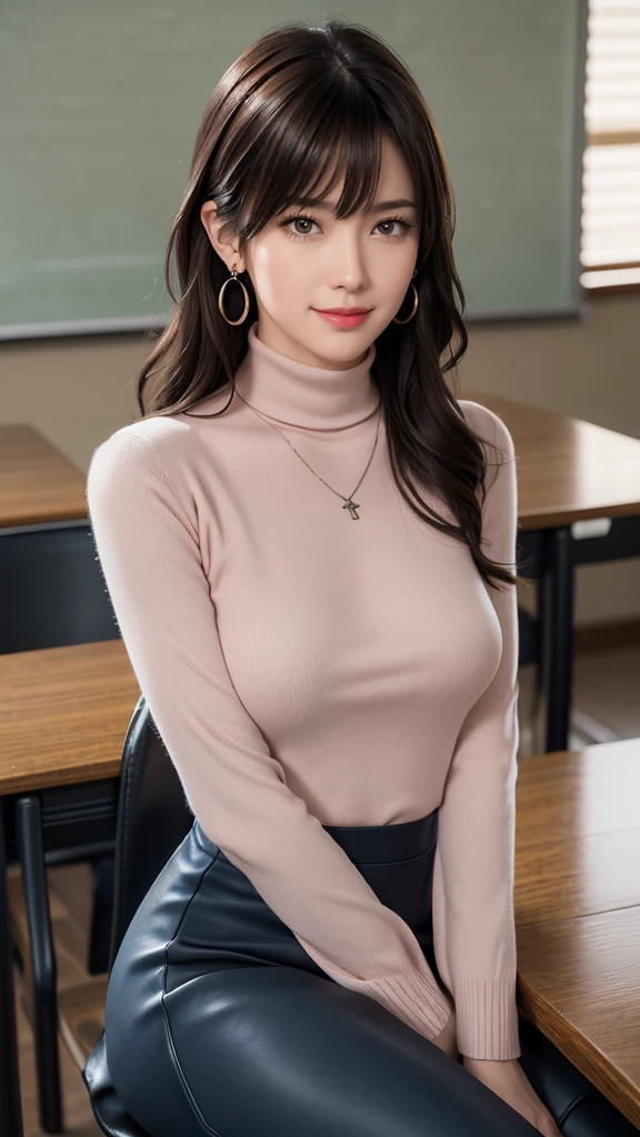 (Tabletop, Highest quality, High resolution, , Pixel perfect, 4K,), 1 Girl, single, alone, Beautiful woman、I could see the whole body、 ((Wavy mid-length hair, bangs, Brown Hair)), ((Brown eyes, Beautiful eyelashes, Realistic eyes)), ((Detailed face, blush:1.2)), ((Smooth texture:0.75, Realistic texture:0.65, Realistic:1.1, Anime CG Style)), Medium Chest, Dynamic Angle, Perfect body, ((, female teacher, , Earrings、necklace、Turtleneck sweater、Dark blue flared skirt、Black knee-high stockings、、、A shy smile)), wonderful、、、evening、、Bring your arms together to emphasize your chest、Leaning forward、Angle from below)、