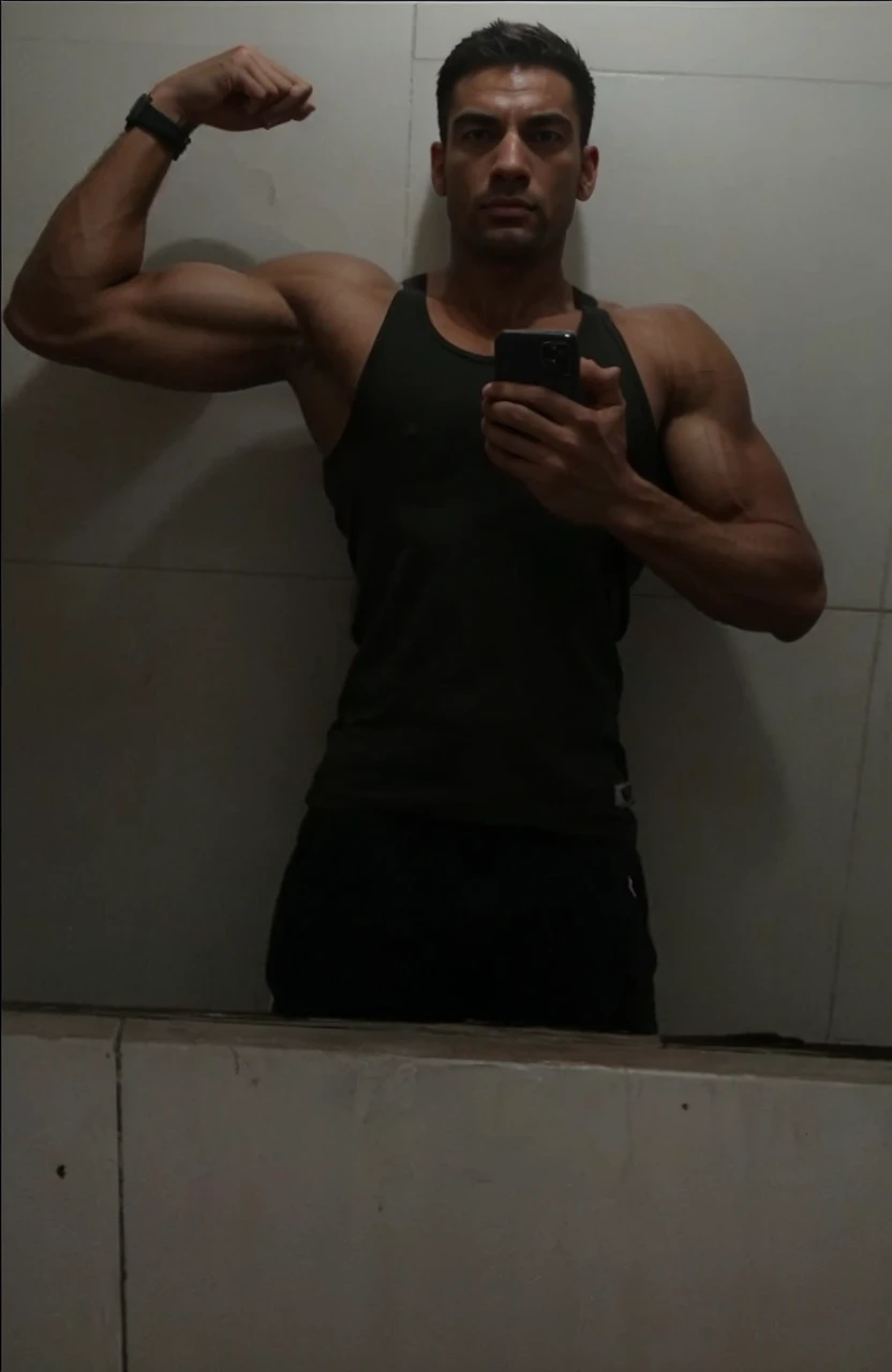 Man, muscular, hyperrealistic, looking forward.