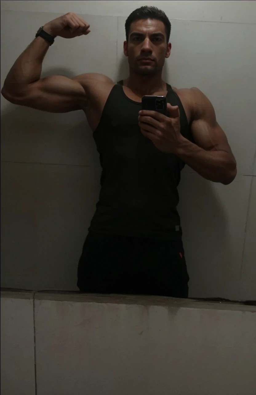 Man, muscular, hyperrealistic, looking forward.