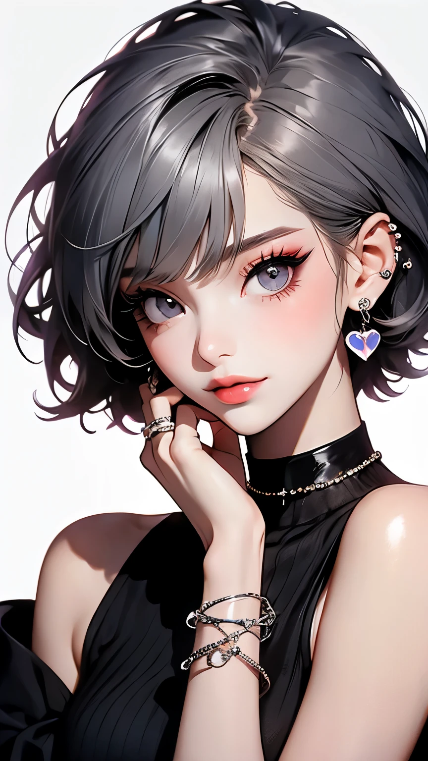 pilyeon, solo, 1girl, black nails, jewelry, short hair, looking at viewer, choker, necklace, hand on own face, piercing, white background, heart, closed mouth, grey eyes, nail polish, simple background, grey hair, ear piercing, black choker, smile, eyelashes, lips, hand on own cheek, bangs, bracelet, beads, gem, earrings, fingernails