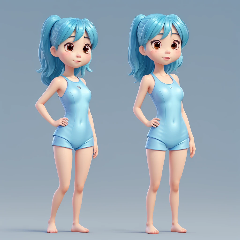 9:With aspect ratio of 16、Realistic portrait style image。Wearing a light blue swimsuit、A cute Japanese woman in her 20s is standing there、She is posing with her arms outstretched to the sides.。Women have big eyes、She has an expressive and cute face。The background mimics a city street。The image must be in 4K quality。