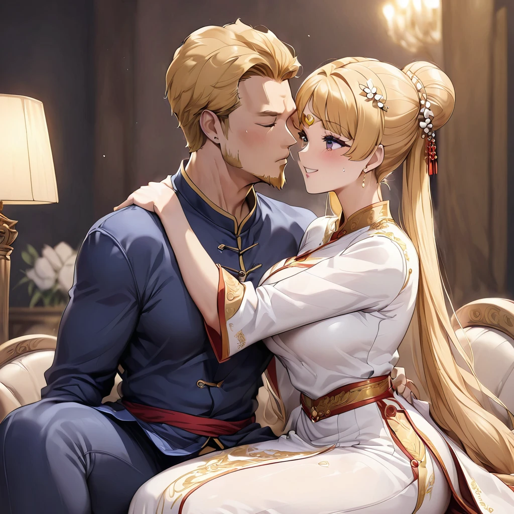 ((Highest quality)), ((masterpiece)), (detailed), (Perfect Face)、The woman is a Vietnamese woman named Tsukino Usagi, wearing a gorgeous and glittering ao dai, a traditional Vietnamese dress with gold embroidery, a gorgeous hair ornament, gorgeous jeweled accessories and an engagement ring. The man and woman are sitting on a gorgeous, large sofa in a luxurious room, and the woman is passionately embracing and passionately kissing the dignified and bearded middle-aged Vietnamese man wearing a Vietnamese national dress, making passionate love as a married couple.、The woman is the elegant Tsukino Usagi, a Vietnamese girl with long blonde hair in a chignon twin tail and wearing an ao dai.、The man is a dignified, muscular, bearded, middle-aged Vietnamese man wearing Vietnamese national dress.