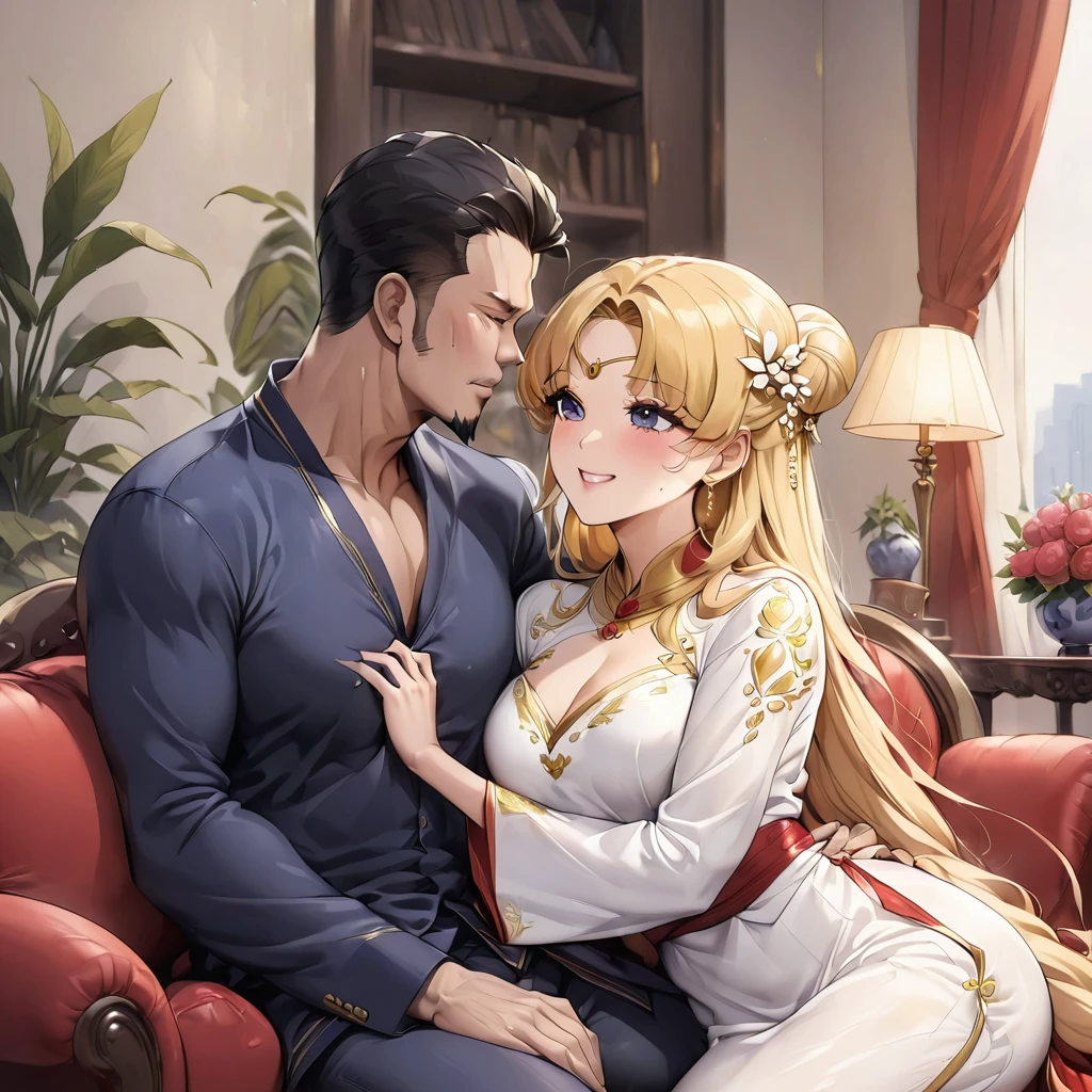 ((Highest quality)), ((masterpiece)), (detailed), (Perfect Face)、The woman is a Vietnamese woman named Tsukino Usagi, wearing a gorgeous and glittering ao dai, a traditional Vietnamese dress with gold embroidery, a gorgeous hair ornament, gorgeous jeweled accessories and an engagement ring. The man and woman are sitting on a gorgeous, large sofa in a luxurious room, and the woman is passionately embracing and passionately kissing the dignified and bearded middle-aged Vietnamese man wearing a Vietnamese national dress, making passionate love as a married couple.、The woman is the elegant Tsukino Usagi, a Vietnamese girl with long blonde hair in a chignon twin tail and wearing an ao dai.、The man is a dignified, muscular, bearded, middle-aged Vietnamese man wearing Vietnamese national dress.
