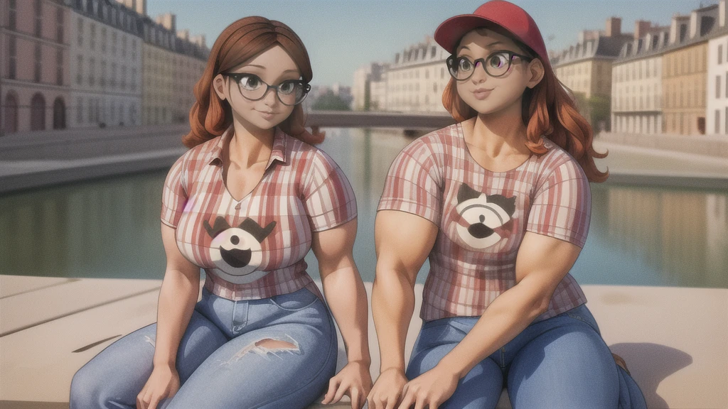 (masterpiece, best quality:1.2),(girl and boy:1), a very muscular and athletic couple , boy Nino Lahiffe: Brown skin, dark hair, wearing a red cap, glasses, and casual clothing like a T-shirt and jeans, and a girl Alya Césaire: Brown skin, curly dark brown hair, often wears glasses, and typically seen in stylish, casual outfits. A casual day out with both characters in their everyday attire,Sharing a tender moment, like sitting on a rooftop overlooking Paris..(girl and boy:1), smiling, ((high resolution illustration)), ((extremely detailed)) Alya and Nino, muscular detailed bodies, powerful and dynamic poses, intimate embrace, romantic lovers, expressive faces with beautiful eyes, lips and skin, dramatic lighting, cinematic composition, epic fantasy landscape background, warm color tones, dramatic lighting, (best quality,4k,8k,highres,masterpiece:1.2),ultra-detailed,(realistic,photorealistic,photo-realistic:1.37),dramatic lighting,dramatic cinematic composition,fantasy landscape