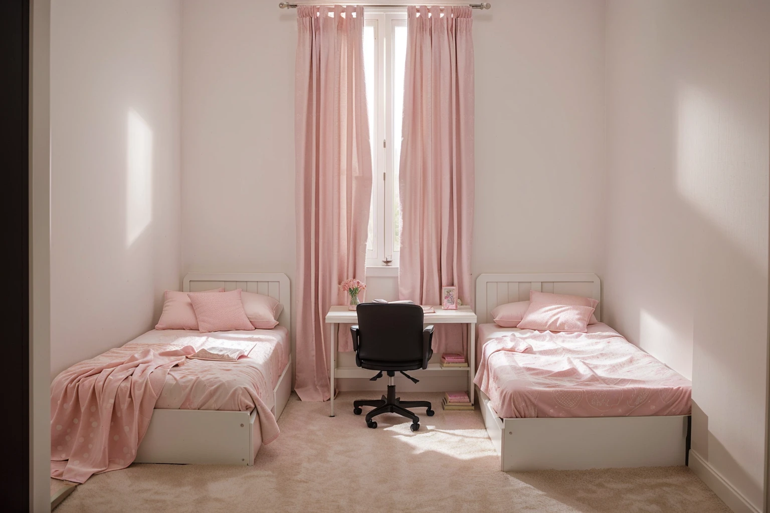 
there are two girls pink beds in a small room with a desk and chair, front view and the curtain in the center, with no wardrobe, (new classic design)
