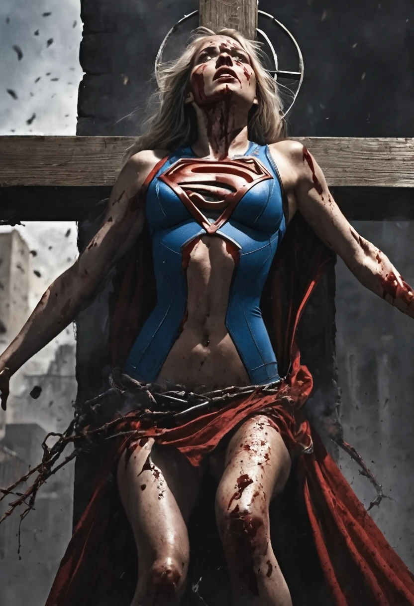 highest quality, masterpiece, ((crucifixion:1.5)), (execution), supergirl bodysuit, horrified, bleeding, ((Woman in crucifixion at the cross：1.5)), crucifixion, blue suit, Superman logo on chest, red skirt，((Torn costume)), ((Tearing of clothes)), (tattered clot(many bruises on body)), scars on body, wounds on body, injured face and body, a devastated world, ruins, abandoned building, (burning at the stake), ((roasted over fire：1.2))