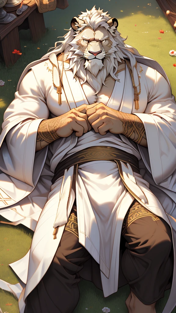 (masterpiece),(highres),(intricate details:1.4),extremely detailed,(illustration:1.2),8k,photorealistic,exquisite,solo, (Bold perspective),aged,elder male lion ,muscular, (Ancient Greek mythological style;1.8)(white robe:1.6),manhood,safeguard,(white hair:1.3),long hair,long white beard,scar,(badly damaged),(sacrifice),hurt,broken body ,(lying on the ground),(bulging crotch:1.8)