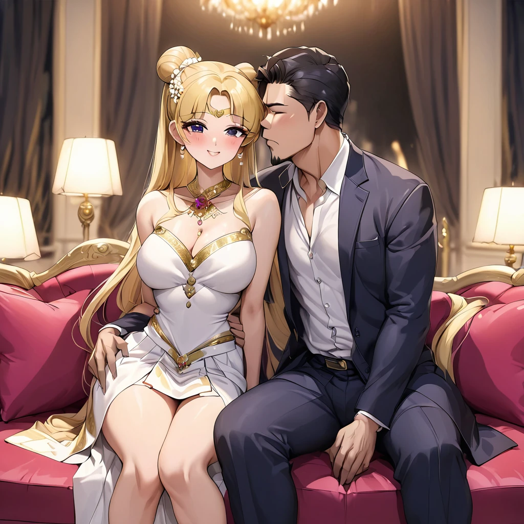 ((Highest quality)), ((masterpiece)), (detailed), (Perfect Face)、The woman is a Thai woman named Tsukino Usagi, and is in a luxurious Thai mansion wearing a gorgeous, glittering siwalai with gold embroidery, gorgeous jeweled accessories, and an engagement ring. The woman and the man are sitting on a luxurious, large sofa in the luxurious room, and the woman is passionately embracing and passionately deep kissing the middle-aged Thai man wearing a dignified and sturdy Thai national costume, making passionate love as a married couple.、The woman is the elegant Tsukino Usagi, a Thai girl with long blonde hair in a chignon twin tail, wearing a luxurious siwa-rai.、The man is a dignified, muscular, bearded, middle-aged Thai man wearing a Sua Praratchathan.