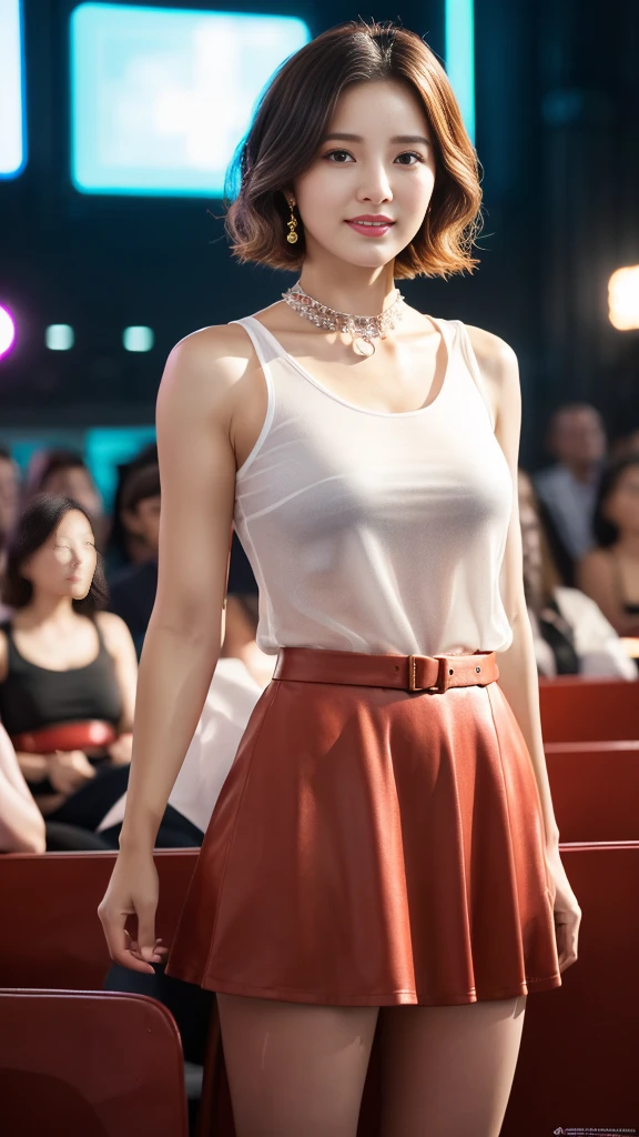 8K, masterpiece, RAW photos, best quality, Reality, extremely detailed CG unity 8K wallpaper, Depth of Field, light, lens flare, Ray Tracing, (Extremely beautiful face, Beautiful lips, beautiful eyes), Complex facial details, ((Ultra-delicate skin)) 1 Girl, in the darkness, Deep Shadows, Beautiful Korean girl, Korean Idol,(Very slim slender fit-muscled body:1.3), ((Looking at the audience)),(A bright smile:1.3), (Fashion City Night, (Neon), (Blurred background), midnight, (nobody), (Background nobody:1.3), Beautiful Korean girl, White Diamond Earrings, Diamond Bracelet, Deya Necklace, Pantyhose, Clear eyes, walk , front Photo, (Pale skin), Facing forward, (big eyes), full-body shot, ((see through, White top)), ((Red Skirt :1.3)), (Brown hair) (Looking at the audience:1.3), (Lace), Very slim, Medium breasts, Hermès bag