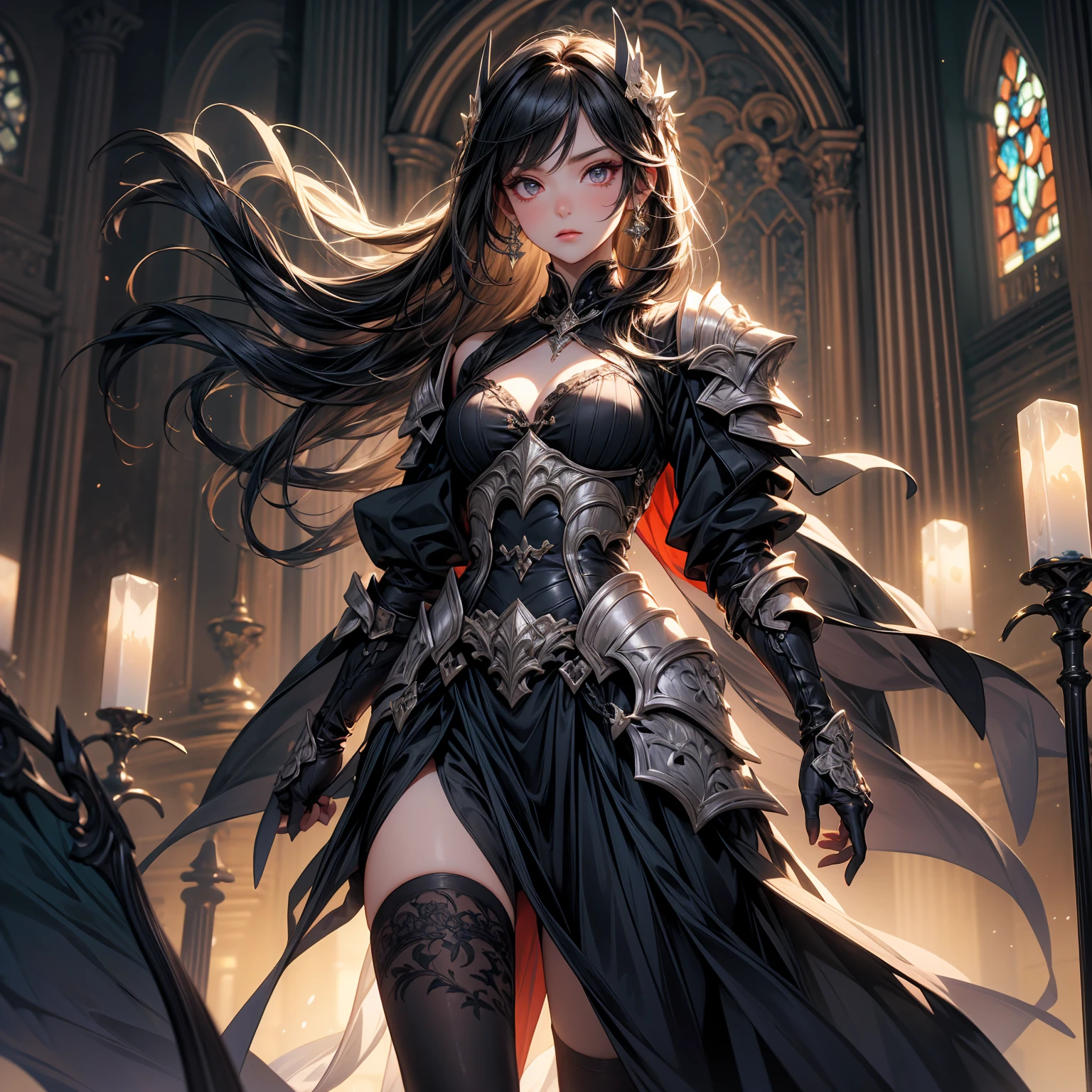 A breathtaking artwork of a female character of unimaginable beauty, set in a dark and opulent environment. The full-body view reveals an impressive figure, exuding an aura of power and mystery. She wears black and gold clothes, radiating a luxurious darkness. Her armor is detailed and characteristic, with intricate golden designs that shimmer in the dim light. Ornate shoulder pads protect her shoulders, and the armor perfectly molds to her body, accentuating her formidable presence.

Her long black hair flows like a river of darkness, contrasting with her mesmerizing scarlet eyes. Her beauty is almost supernatural, a perfect blend of grace and menace. She wields a cursed blade that seems to pulse with malevolent energy, enhancing her aura of danger.

The setting around her is a gothic and luxurious environment, with dark arches and stained glass windows that filter a supernatural light. In the background, candles flicker, casting dancing shadows on the intricately carved stone walls. It is a place that blends elegance and terror, perfectly reflecting the essence of the character.
