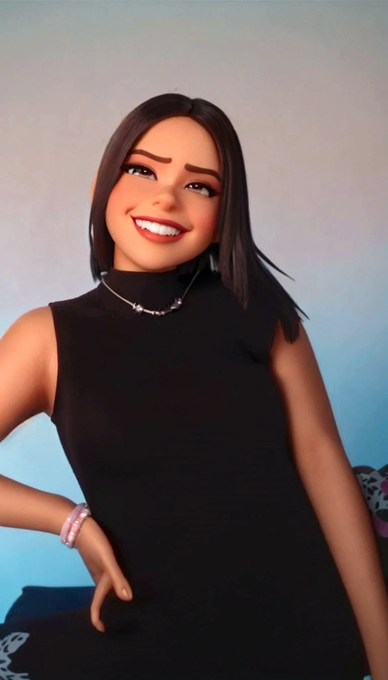 Imagem estilo pixar com personagem 3D óculos brancos morena mulher cabelo curto liso dançando, Disney makeup,Female teacher, cute, smiling ,close up, pixar, Disney, cinema lighting,