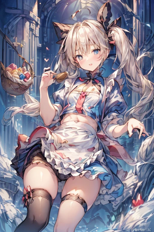 (perky chest:1.2), (pointed chest:1.2),(((Black Tunic:1.3))),(((cakes and bread in the basket),Cute and beautiful girl,Cute round face,Cute smile,with blush cheeks,Red Lip,a girl , nsfw:1.2, beautiful body:1.3), shinny skin, BREAK, ((alice in the wonderland:1.3, cute, kawaii, lovely, funny, a girl falling down from sky:1.3, girl flying in sky:1.4, girl floating in air:1.5, rolling upskirt by wind:1.6, (with sparkling eyes and a contagious smile),open mouth, Looking at Viewer, surprised, putting hands on crotch over the skirts:1.6)), BREAK, ((floating things as follows:1.3, PlayingCards, Trump, tea cup, tea pot, tea spoons, pocket watch:1.3, lip sticks, candies:1.2, cookies, jam bottles, classical door_keys)), ((long purply_Blue dress :1.5, wearing long flaired skirt:1.3, the skirt is blowing:1.3, cute pink Apron, black stocking:1.2,garter stocking, cleavage:1.2, midriff, black shorts, black thighhighs, thigh strap, medium long platinum-blonde hair:1.2, twin tail hair:1.6, tied hair with a large ribbon), (Blue eyes, bright pupils with highlights, detailed eyes), (lying down on your back:0.7, spreading legs with rising up straight:0.7), sexy posture, fantastic colorful art, (fantasy art:1.2, wondered images:1.2), ((correct anatomy:1.5, perfect anatomy:1.3, correct hand, small foot:1.2)),