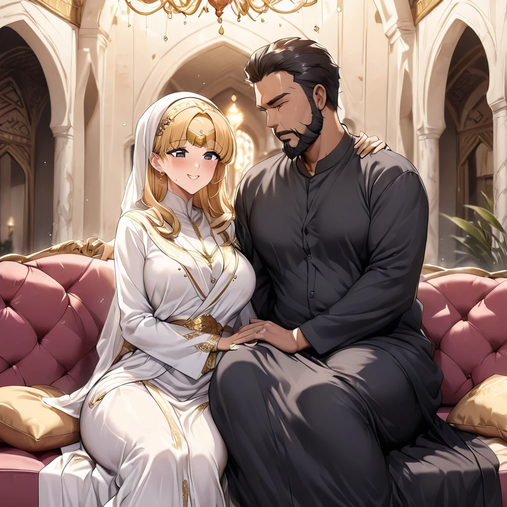 ((Highest quality)), ((masterpiece)), (detailed), (Perfect Face)、The woman is Tsukino Usagi, an Arab Muslim with vivid brown skin, and is wearing a gorgeous, glittering abaya with gold embroidery, a gorgeous hijab, a gorgeous hair ornament, gorgeous jeweled accessories, and an engagement ring in a luxurious Islamic mansion. The woman and the man are sitting on a luxurious, large sofa in the luxurious room, and the woman is passionately embracing and passionately deep kissing the dignified, bearded, middle-aged Arab Muslim man wearing Arab national dress, and the man is fondling her breasts as they make passionate love to each other as a married couple.、The woman is the elegant Tsukino Usagi, with long blonde hair in a chignon twin tail, wearing an abaya and a gorgeous hijab, and a bright brown-skinned Muslim Arab.、(The woman is a dark-skinned Arab Muslim named Tsukino Usagi)、The man is a Muslim, dignified, strong-looking, bearded, middle-aged Arab man wearing traditional Arab clothing.