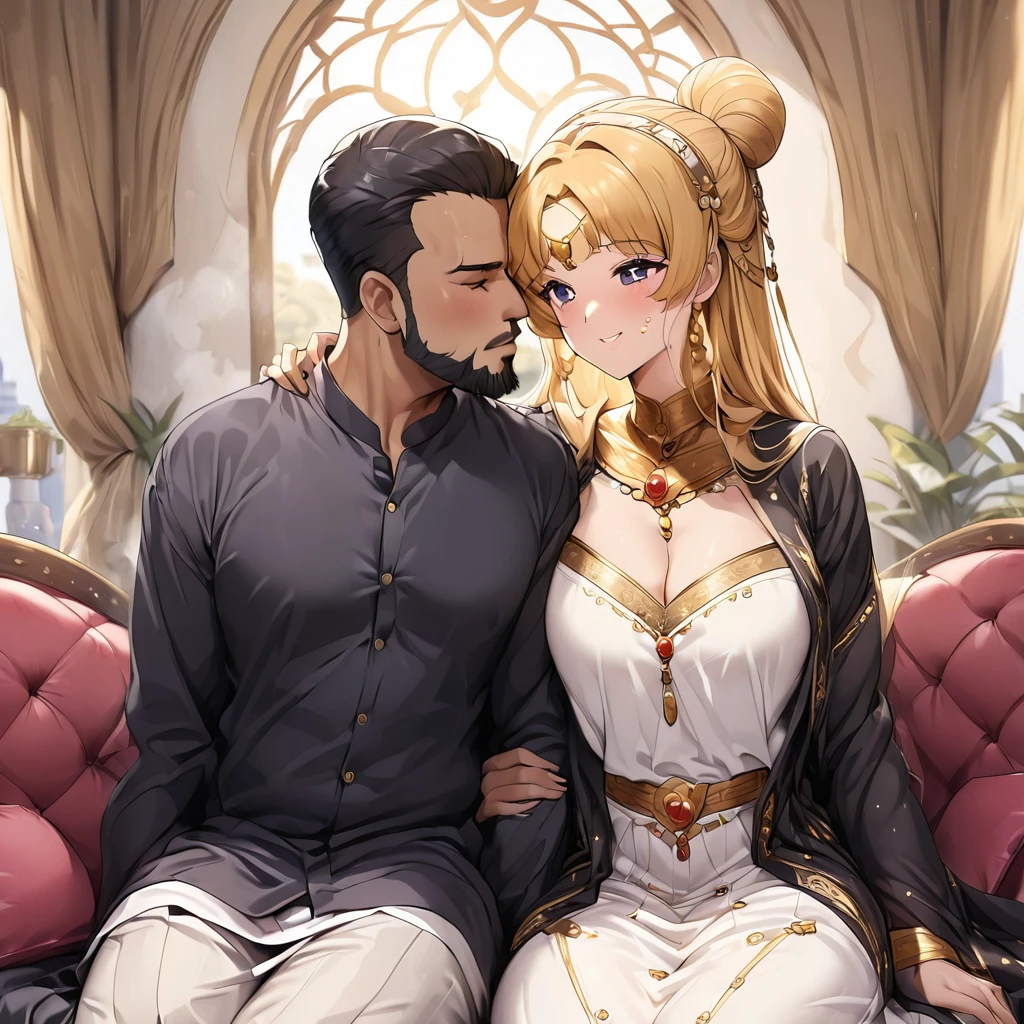 ((Highest quality)), ((masterpiece)), (detailed), （Perfect Face）、The woman is Tsukino Usagi, an Arab Muslim with vivid brown skin, and is wearing a gorgeous, glittering abaya with gold embroidery, a gorgeous hijab, a gorgeous hair ornament, gorgeous jeweled accessories, and an engagement ring in a luxurious Islamic mansion. The woman and the man are sitting on a luxurious, large sofa in the luxurious room, and the woman is passionately embracing and passionately deep kissing the dignified, bearded, middle-aged Arab Muslim man wearing Arab national dress, making passionate love as a married couple.、The woman is the elegant Tsukino Usagi, with long blonde hair in a chignon twin tail, wearing an abaya and a gorgeous hijab, and a bright brown-skinned Muslim Arab.、（The woman is a dark-skinned Arab Muslim named Tsukino Usagi）、The man is a Muslim, dignified, strong-looking, bearded, middle-aged Arab man wearing traditional Arab clothing.