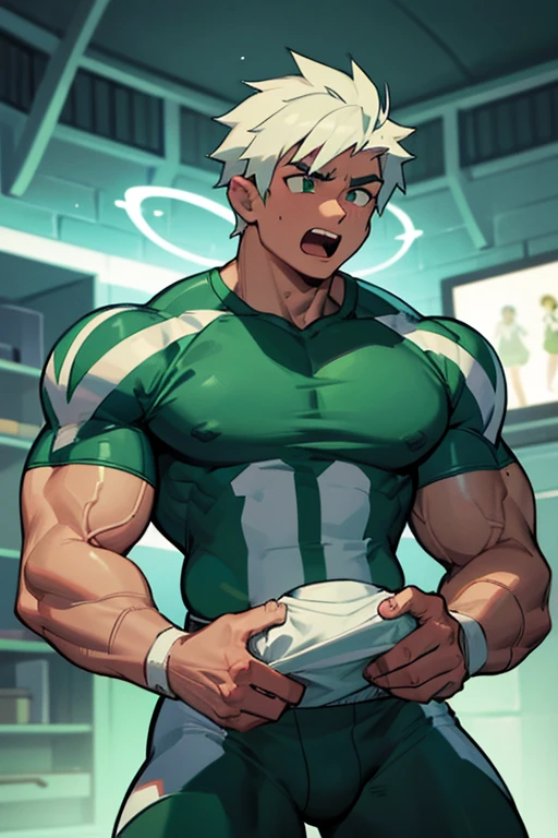 Danny Phantom, ghost, hypnosis, jock, conversion, locker room, hyper muscles, jockstrap, bro, meathead, hypnotized, brainwashed, brainwashing, big dumb jock, football. Danny Fenton is hypnotized by Dash to become another dumb football jock bro. Glowing green eyes. Hyper crotch bulge. Massive bulging crotch. Big biceps. Big triceps. Big traps. Broad shoulders. Big meaty pecs. Big thighs. Thick glutes. Football team assimilation. "Me? On the football team? With DASH? Are you crazy?! I would–! I would—! I ... I ... WOULD LOVE TO, BRO. Why didn't you ask me sooner...?" Deep dull voice. glazed expression. dumber and dumber. Open mouth. Clothes turning into a football uniform. Green aura around Danny.
