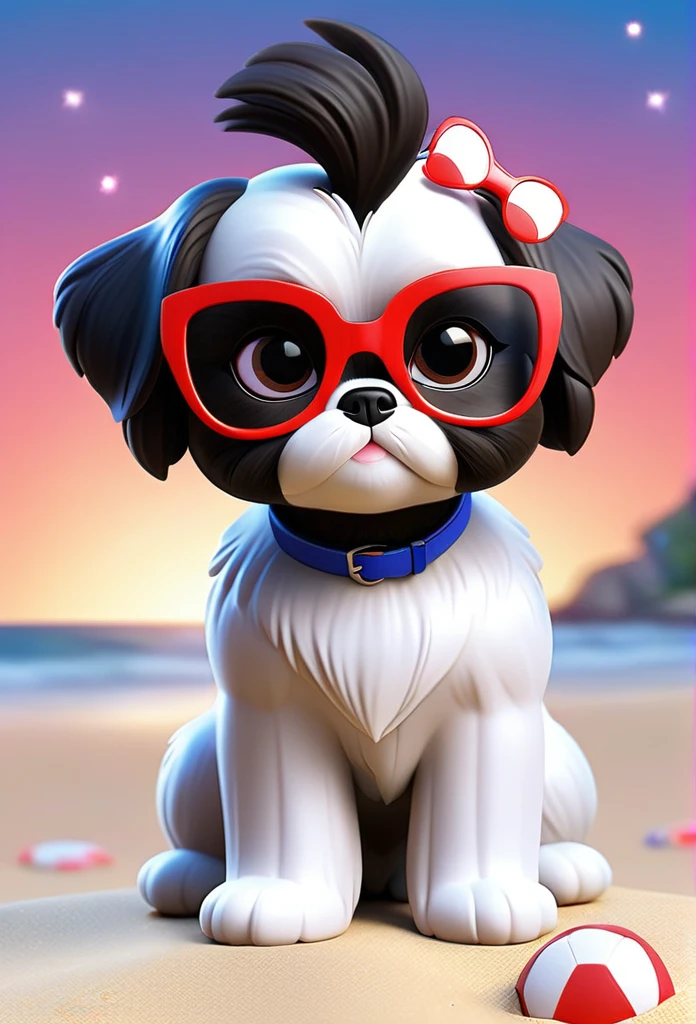 2 small adorable solid black Shih Tzu ppies at beach wearing red sunglasses, cute blonde woman wearing cut offs, a white tank top and sandals, red, white and blue firework background Pixar 3D cartoon 
