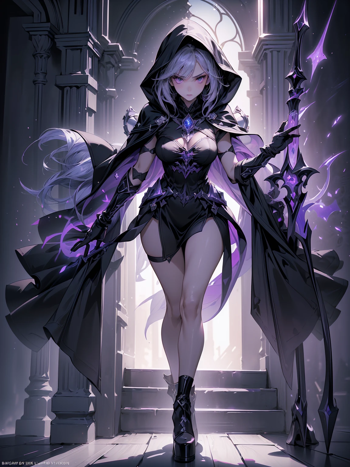 Design a layout showcase Gaming character, (1girl). Purple+Black attire, mysterious and enchanting, ((showcase weapon:1.4)), crystal ball, (masterpiece:1.2), (best quality), 4k, ultra-detailed, (Step by step design, layout art:1.5), (moody lighting, magical lighting), sorceress, ((hooded cloak)), (((long gloves:1.3))), flowing dress, high heels, (((full_body_shot:1.4)))