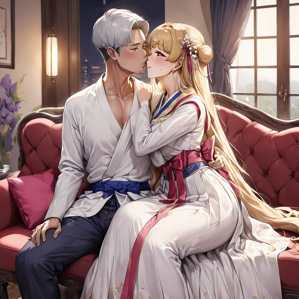 ((Highest quality)), ((masterpiece)), (detailed), (Perfect Face)、The woman is Korean Tsukino Usagi, and in a luxurious Korean mansion, she is wearing a gorgeous and dazzling traditional Korean dress called a hanbok, a gorgeous hair ornament, gorgeous jeweled accessories, and an engagement ring. The woman and the man are sitting on a gorgeous, large sofa in the luxurious room, and the woman is passionately embracing and passionately kissing the middle-aged Korean man wearing a dignified and sturdy hanbok, making passionate love as husband and wife.、The woman is the elegant Tsukino Usagi, a Korean woman with long blonde hair in a chignon twin tail, wearing the traditional Korean dress, Chima Chogori.、The man is a dignified, sturdy middle-aged Korean man wearing the traditional Korean dress, Hanbok.