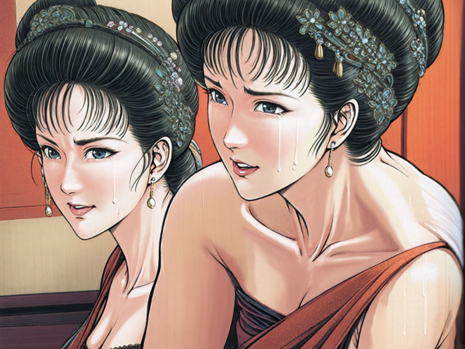 (best quality), (very aesthetic), (ultra-detailed), (best illustration),(a mature female),(perfect face),Suikoden,Mrs. Lin,(((NSFW))),((full_body)),((full_Nude)),(crying),red cheek,sweating,skinny,flushed skin,(Woman with pubic hair),(sitting),(ahegao),traditional Chinese bedroom,front view
