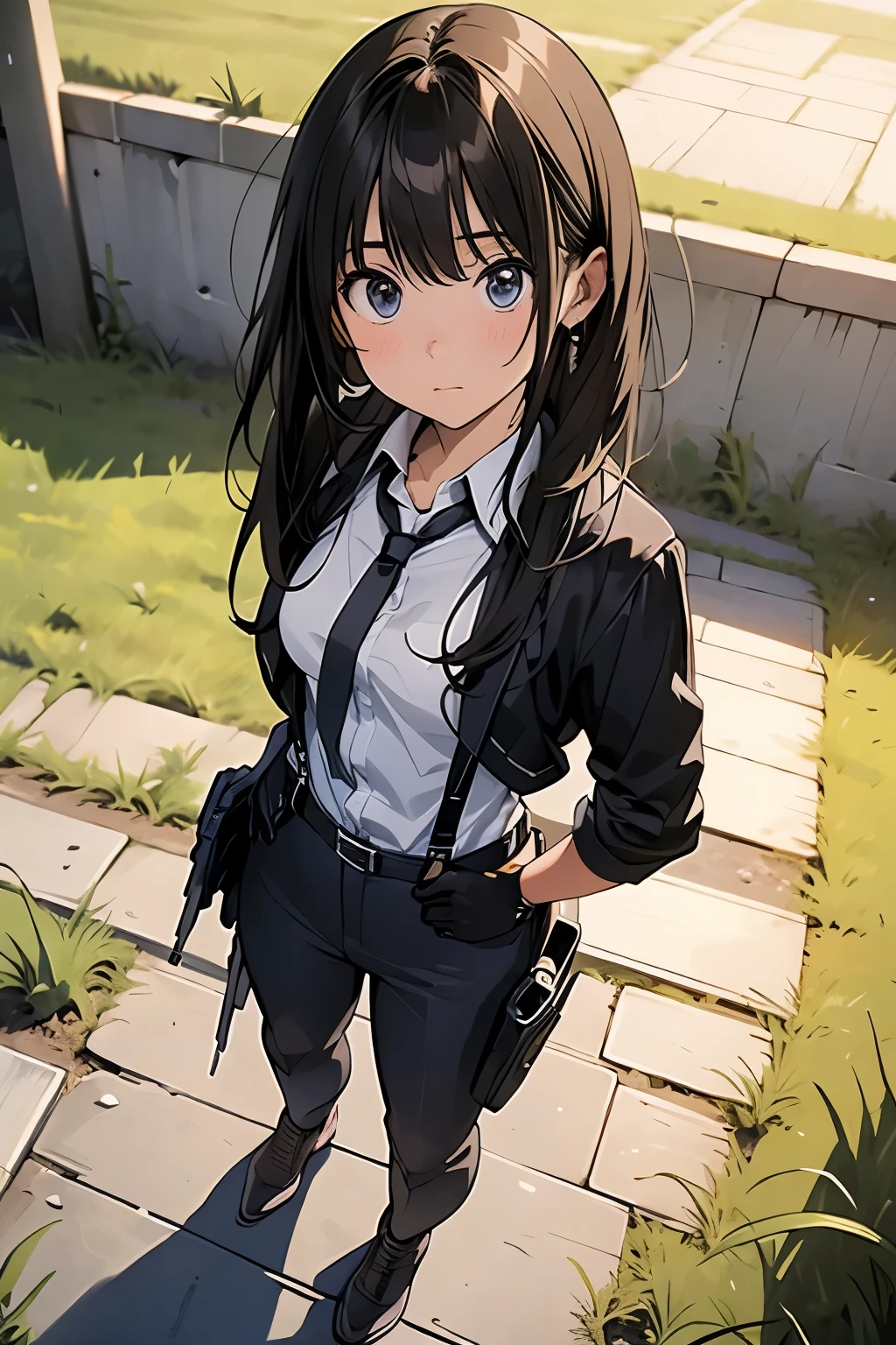 high quality, masterpiece, Ultra-high resolution, (realism: 1.4), Oil painting style, Cinema Lighting, An endless grassland dotted with a few houses, I stood on the empty asphalt road and looked at it., Fairy Mountain々was shrouded in mist, And the suspenders with the cranes flying Moderate breasts Small face holster Lying in bed Looking up Sweat belt summer 脇Sweat Black Hole Gloves suit shirt Black jacket Black trousers Leg Links ズボンにbelt holster Hands behind your back Anxious expression Looking up Anxious face