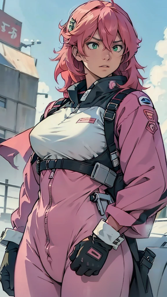 High detailed, 1 japanese girl, solo, peach-pink colored hair, green eyes, busty, chunky, pilot bodysuit, serious expression, expressive eyes, finger-gloves