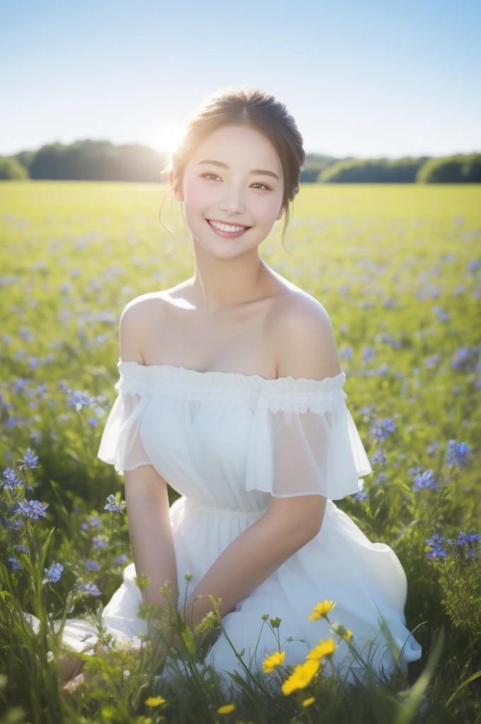 Best quality, masterpiece, ultra high res, (photorealistic:1.4), raw photo, 1girl, white dress, off shoulder, blue flower field, glowing skin, light smile