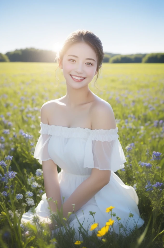 Best quality, masterpiece, ultra high res, (photorealistic:1.4), raw photo, 1girl, white dress, off shoulder, blue flower field, glowing skin, light smile