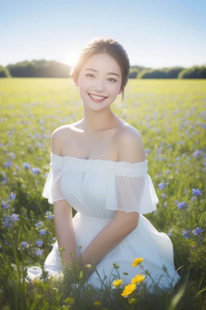 Best quality, masterpiece, ultra high res, (photorealistic:1.4), raw photo, 1girl, white dress, off shoulder, blue flower field, glowing skin, light smile