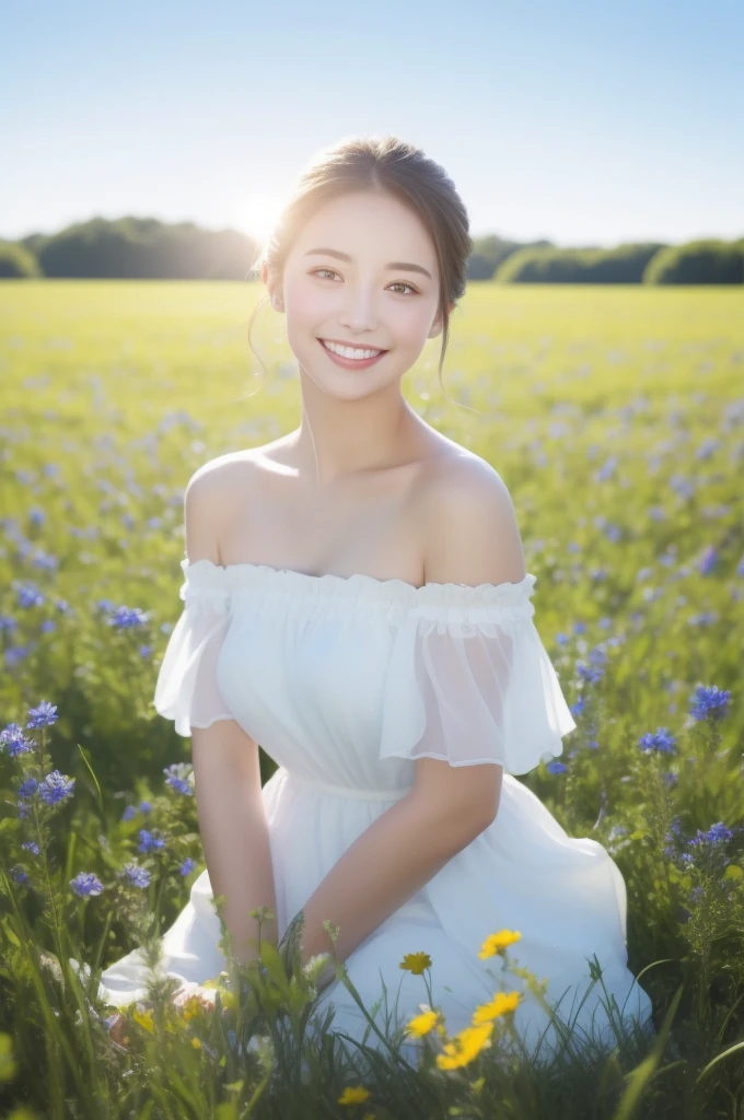 Best quality, masterpiece, ultra high res, (photorealistic:1.4), raw photo, 1girl, white dress, off shoulder, blue flower field, glowing skin, light smile