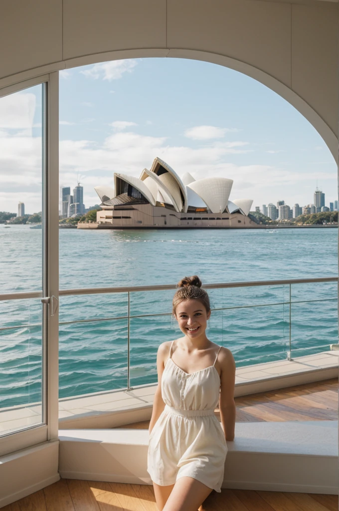 her name is An, high quality, 1girl, ((20-year-old fit Caucasian woman)), ((20 years old)), ((fit)), ((hair in a bun)), pose: standing, smiling, wearing pastel colored unique gen Z modern wear, BACKGROUND:"Your residence is a contemporary waterfront house, with large windows that frame views of the Sydney Opera House and Harbor Bridge."