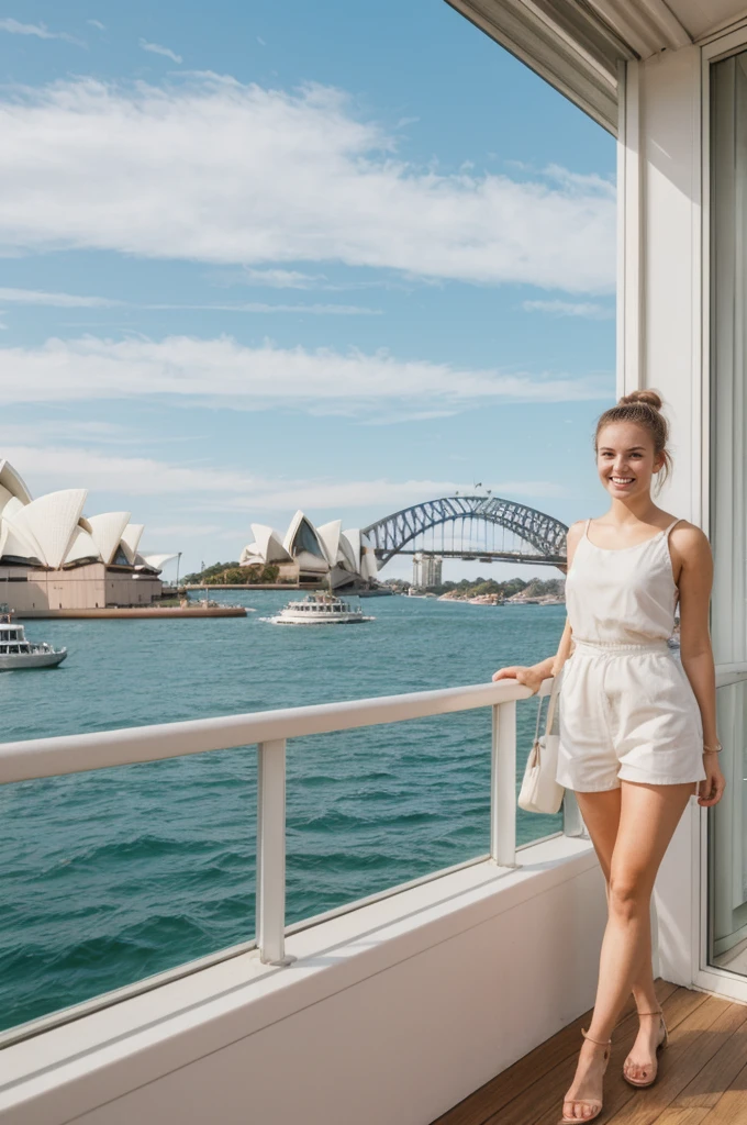 her name is An, high quality, 1girl, ((20-year-old fit Caucasian woman)), ((20 years old)), ((fit)), ((hair in a bun)), pose: standing, smiling, wearing pastel colored unique gen Z modern wear, BACKGROUND:"Your residence is a contemporary waterfront house, with large windows that frame views of the Sydney Opera House and Harbor Bridge."