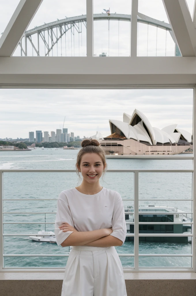 her name is An, high quality, 1girl, ((20-year-old fit Caucasian woman)), ((20 years old)), ((fit)), ((hair in a bun)), pose: standing, smiling, wearing pastel colored unique gen Z modern wear, BACKGROUND:"Your residence is a contemporary waterfront house, with large windows that frame views of the Sydney Opera House and Harbor Bridge."