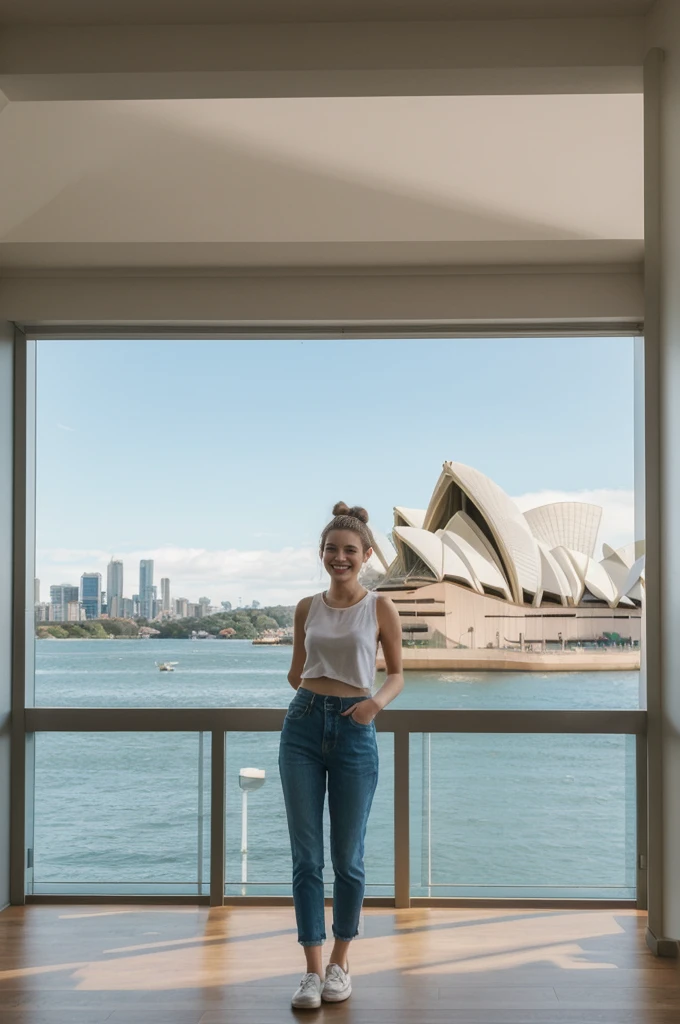 her name is An, high quality, 1girl, ((20-year-old fit Caucasian woman)), ((20 years old)), ((fit)), ((hair in a bun)), pose: standing, smiling, wearing pastel colored unique gen Z modern wear, BACKGROUND:"Your residence is a contemporary waterfront house, with large windows that frame views of the Sydney Opera House and Harbor Bridge."