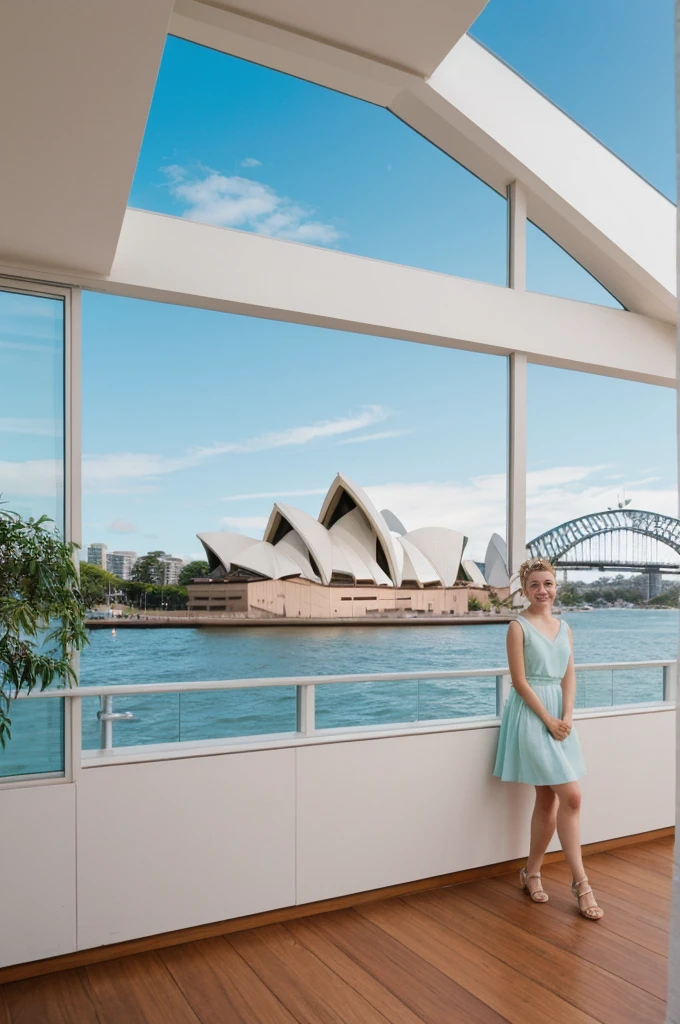 her name is An, high quality, 1girl, ((20-year-old fit Caucasian woman)), ((20 years old)), ((fit)), ((hair in a bun)), pose: standing, smiling, wearing pastel colored unique gen Z modern wear, BACKGROUND:"Your residence is a contemporary waterfront house, with large windows that frame views of the Sydney Opera House and Harbor Bridge."