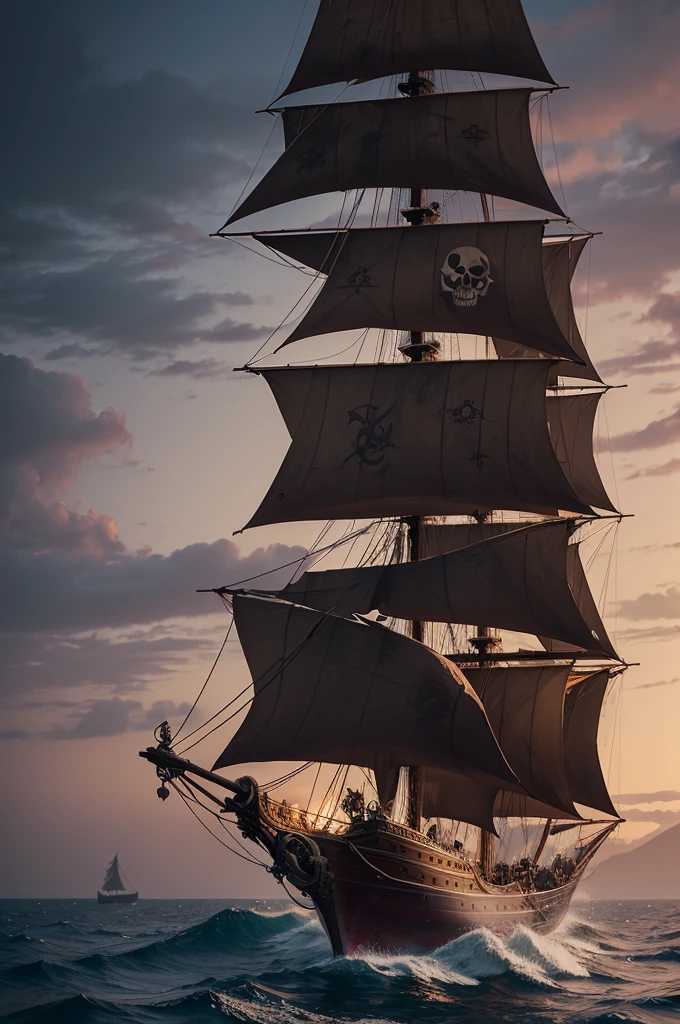 Pirate Galleon, dark wood, Proa bela, Crimson Skull Mast, An imposing appearance, skull flag holding ax, Ship Centered, complete view, One Piece